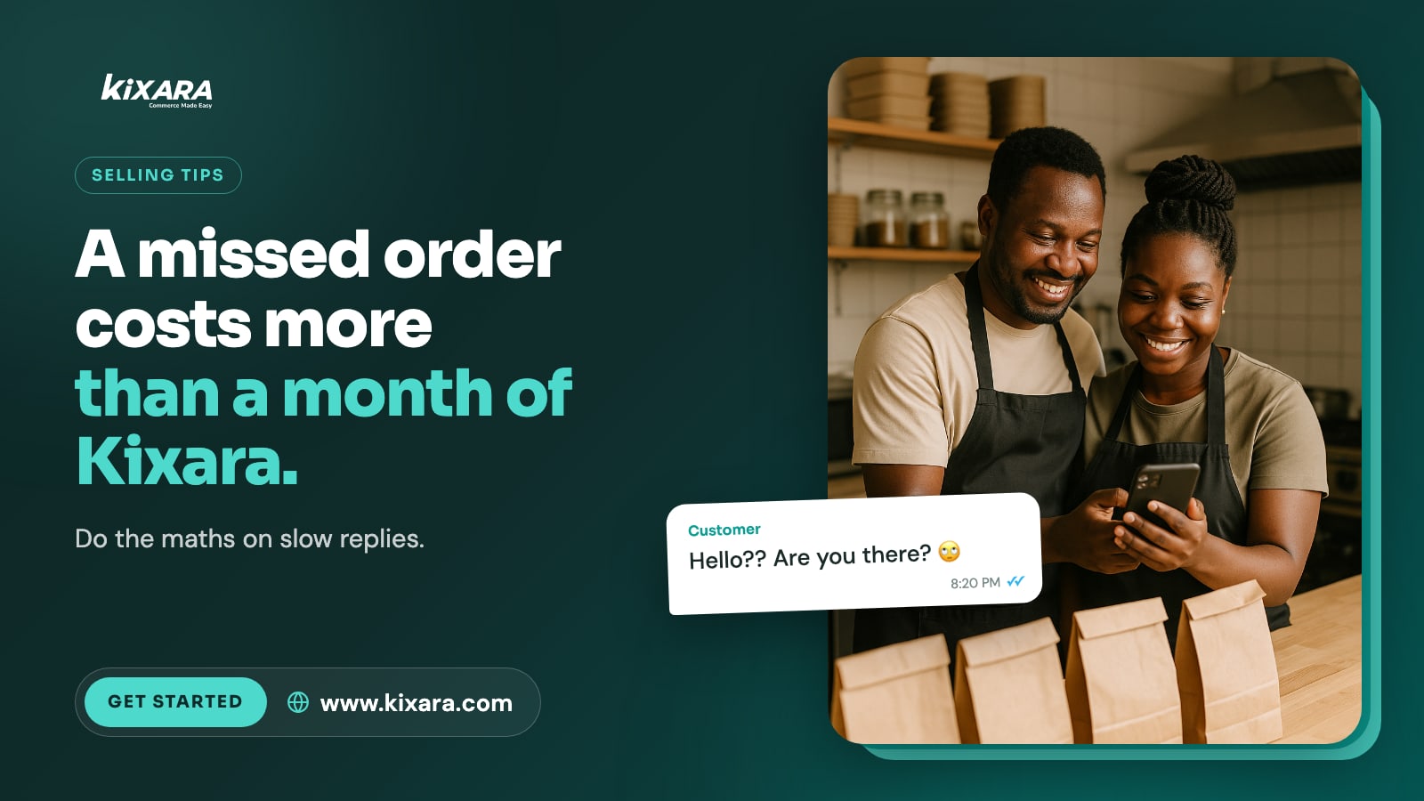 A couple who run a small food business smiling at an order on their phone