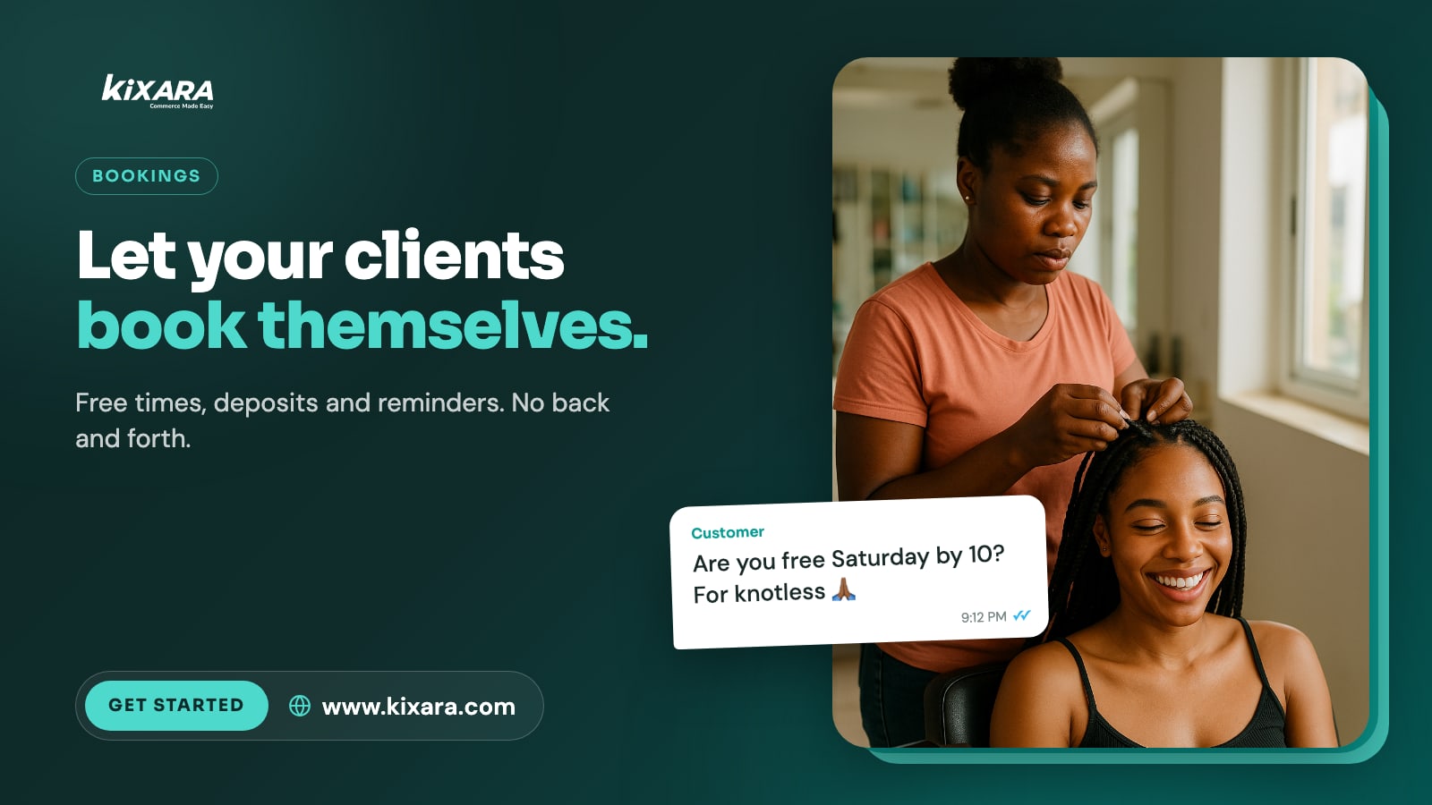 A hairstylist in Accra braiding a smiling client's hair, with a phone on the station
