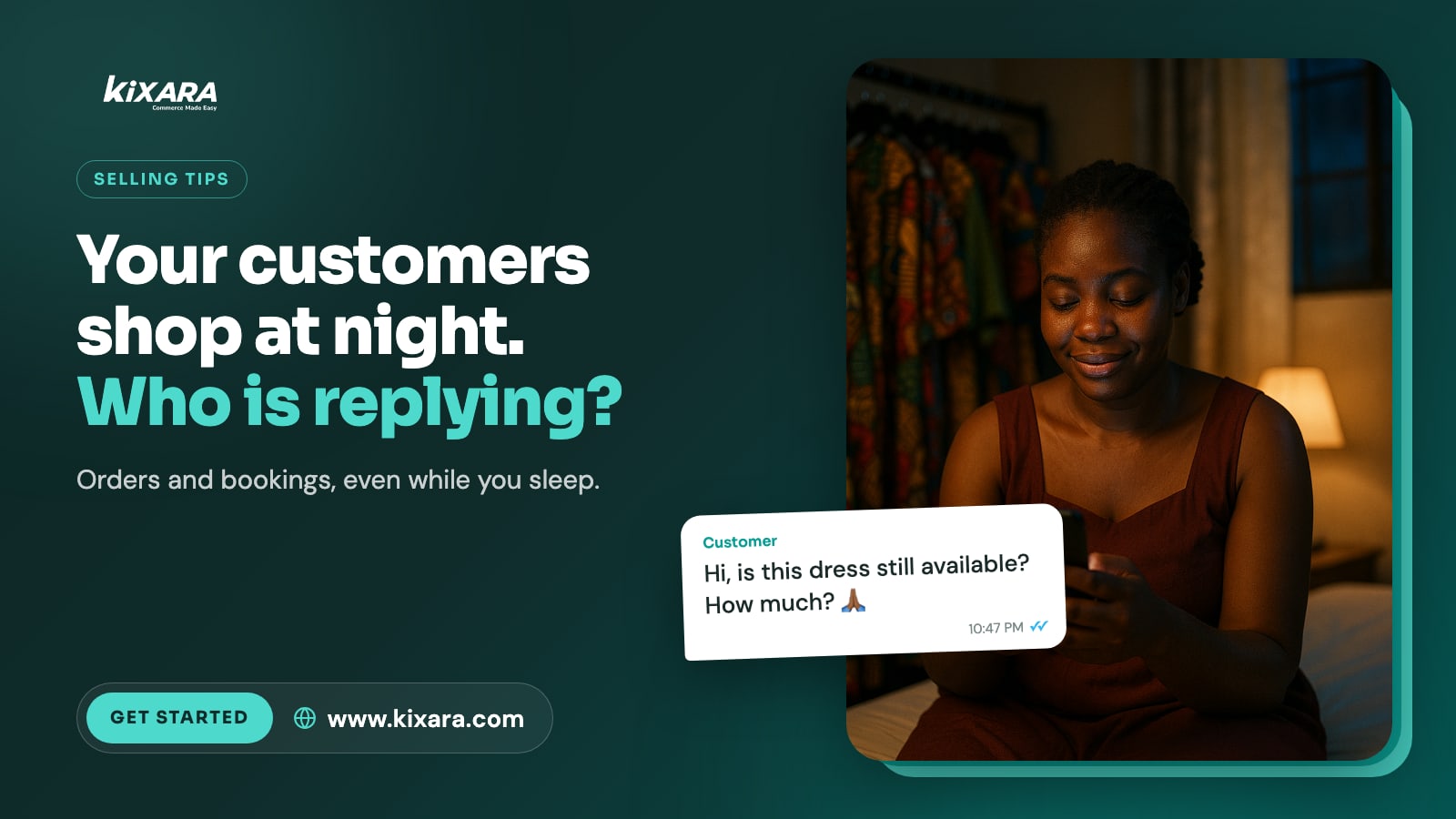 A boutique owner in Accra checking customer messages on her phone late at night