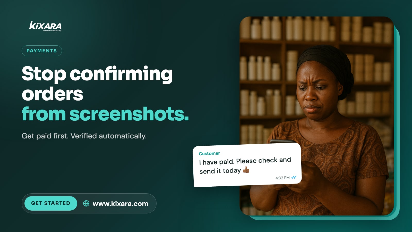 A shop owner in Kumasi looking doubtfully at a payment screenshot on her phone